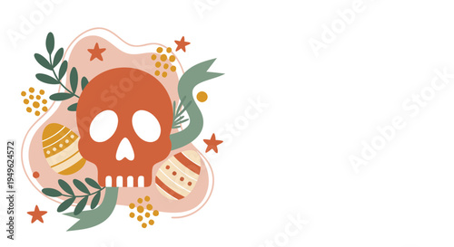 Easter Skull Boho Decorative Elements Set Flat Vector