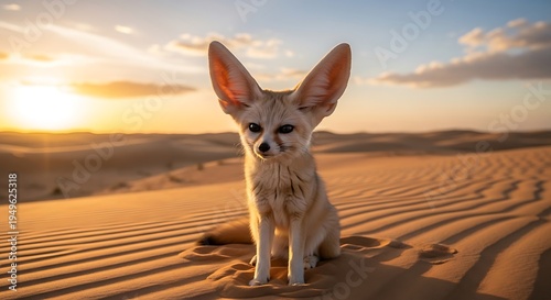 Adorable fennec fox with large ears sits on rippled sand dunes at sunset