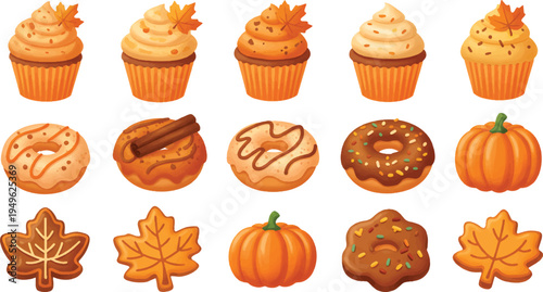 Vector Illustration Autumn Fall Desserts Collection with Cupcakes, Donuts, and Cookies