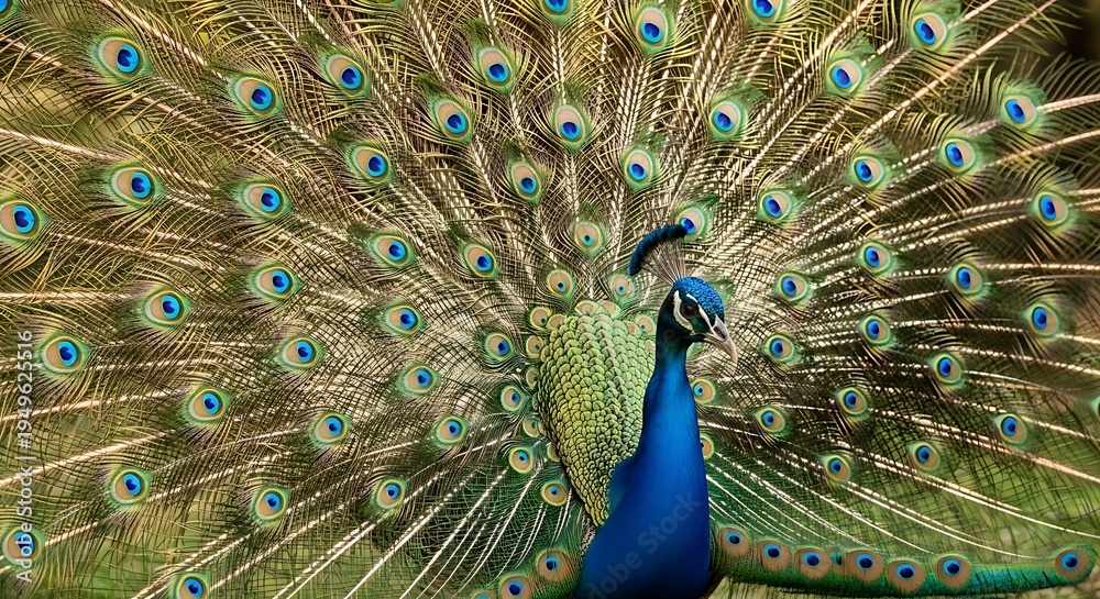 Obraz premium Majestic male peacock displaying its vibrant iridescent blue and green train feathers