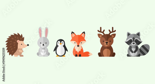 Collection of Cute Forest and Arctic Animals in Flat Design.