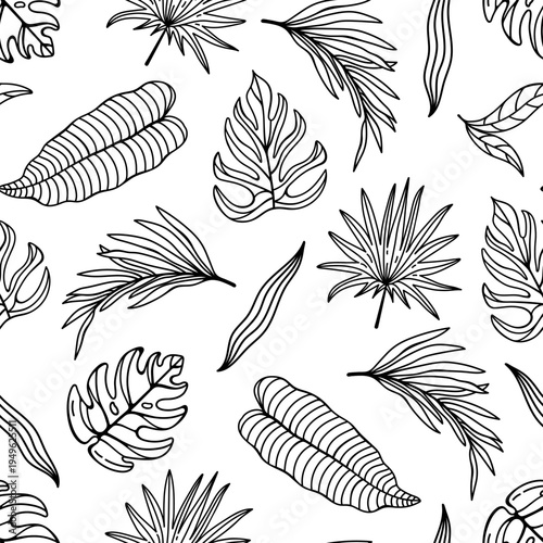 Tropical leaves seamless vector background. Black and white botanical pattern with monstera, liana, palm and banana leaves. Hand drawn ornament, floral sketch. For wallpaper, art print, fabric