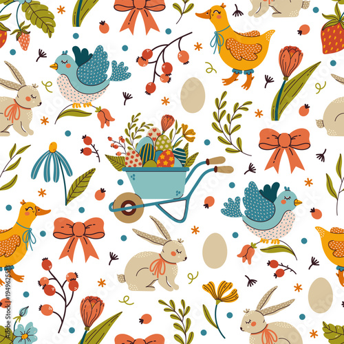Spring seamless vector pattern. Easter bunny, cute bird with a tulip, funny duckling. Garden cart with colorful eggs, seasonal flowers, strawberries. Hand drawn festive background. Ornament for kids