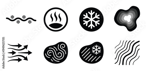 Weather elements icons vector set: snow, heat, wind, land, frozen meat and wavy pattern symbols for design.