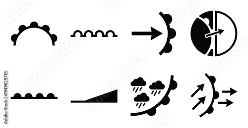 Weathering icons set erosion abrasion deposition diagrams, surface processes signs, geological features design, black on white