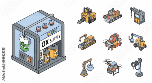 Isometric Industrial Machines and Supply Unit.