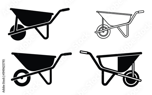 Wheelbarrow silhouette vectors in multiple styles and designs. Garden carts in solid fill and outline.