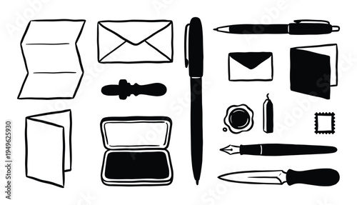 Writing Set Stationery, Pen, Inkwell, Paper, and Envelope, Illustration, Black and White Drawing