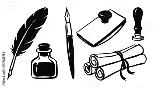Writing tools vector set with feather quill, inkwell, pen, letterpress, wax seal, and tied scrolls illustration