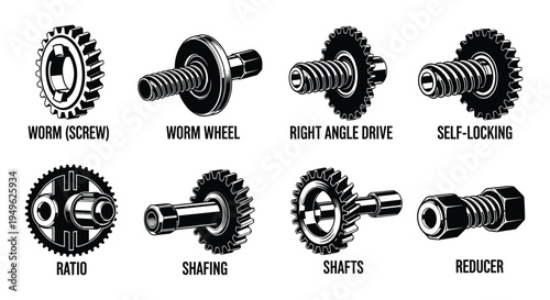 Worm Gears types vector illustration; screw, wheel, right angle drive, self-locking, ratio, shafing, shafts, reducer.