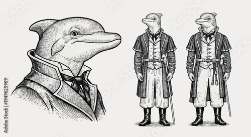 Anthropomorphic Dolphin Character in Vintage Attire.