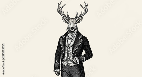 Elegant Deer Head Man in Vintage Suit.