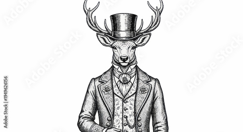Elegant Deer Dressed in Formal Attire with Antlers and Top Hat.