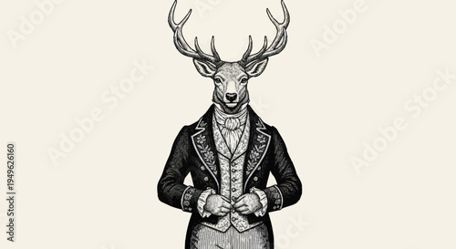 Elegant Stag Dressed in Vintage Formal Attire.