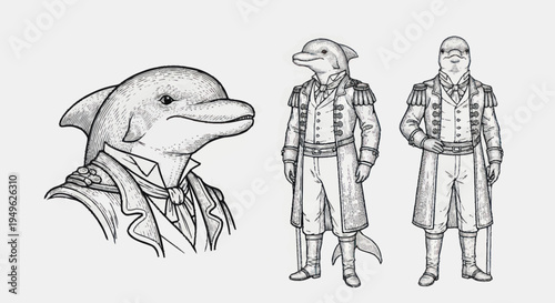 Anthropomorphic Dolphin Character in Military Uniform.