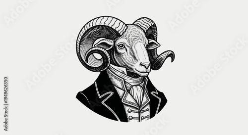 Elegant Ram Head Portrait in Vintage Suit Illustration.