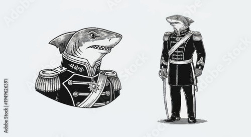 Anthropomorphic Shark Officer in Military Uniform Illustration.