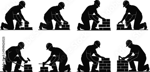 Bricklayer worker silhouettes laying bricks masonry wall construction process builder industry labor vector set isolated illustration collection
