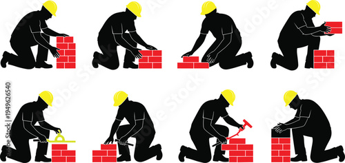 Bricklayer worker silhouettes with safety helmet laying red bricks masonry wall construction process builder vector illustration set