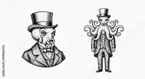 Whimsical Anthropomorphic Creatures in Formal Attire.