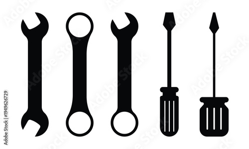 Mechanic Tools Silhouettes: Open Ring Eye Wrenches Screwdriver Set Black