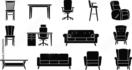 Furniture silhouettes collection with chairs tables office desk sofa armchairs and modern interior seating vector illustration set