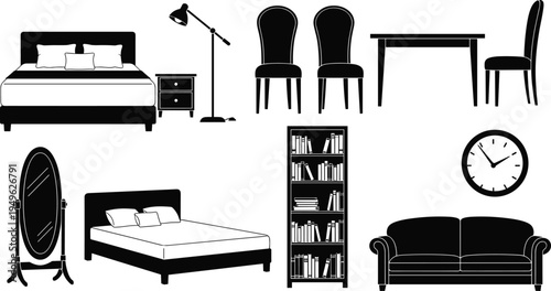 Home furniture silhouette collection with bed sofa chairs table bookshelf lamp mirror and clock interior design vector illustration