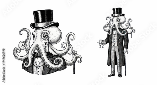 Victorian Gentleman Octopus Dressed in Formal Attire.