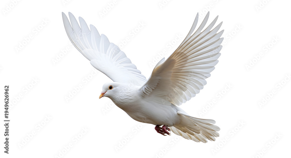 Obraz premium A majestic white dove in mid-flight with wings spread wide, isolated on transparent background