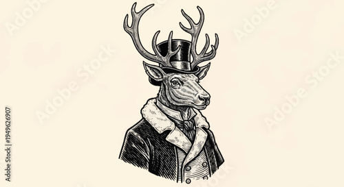 Anthropomorphic Deer Wearing Top Hat and Suit.