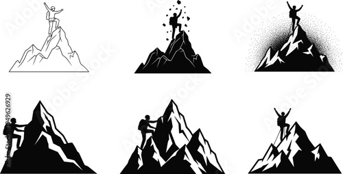 Mountain climber silhouettes reaching summit representing adventure success achievement and hiking exploration concept isolated vector illustration set