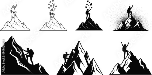 Mountain climber silhouette collection showing hikers reaching summit success adventure climbing concept vector illustration set isolated