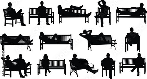 People sitting and relaxing on park benches silhouette collection outdoor leisure lifestyle vector illustration set isolated
