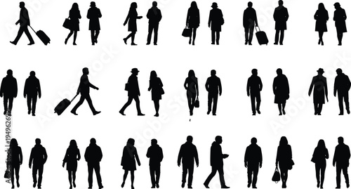 People walking silhouettes collection men and women pedestrians travelers with bags and suitcase vector set isolated crowd illustration