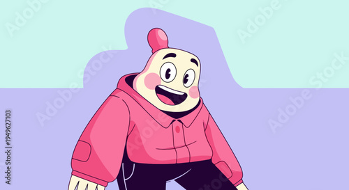 Simple Cartoon Character Wearing Oversized Pink Hoodie and Black Pants