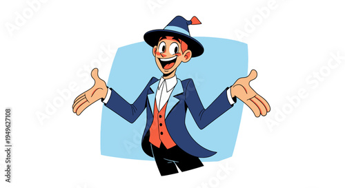 Dapper Male Showman Character in Blue Suit and Top Hat with Open Arms