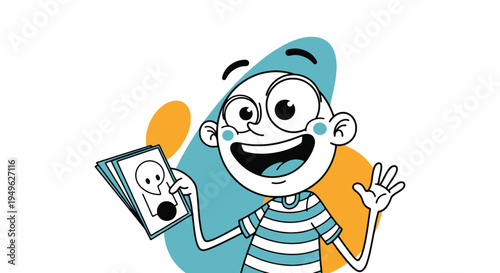 Happy Cartoon Boy Character Holding Trading Cards and Waving Greeting