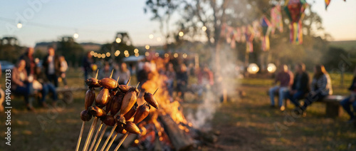 A group of people gathered around a campfire at dusk, with blurred bokeh lights in the background