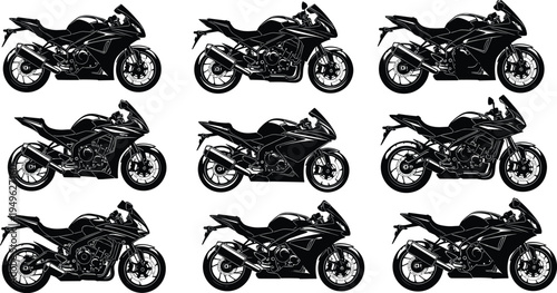 Sport motorcycle silhouette collection with modern racing bikes isolated vector illustration set for transport motorsport design