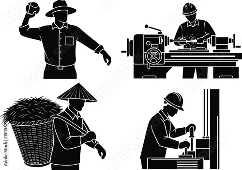 Workers silhouettes collection farmer machinist factory operator and industrial laborer occupations vector set isolated agriculture manufacturing jobs illustration