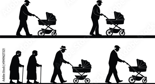 Silhouette set of father pushing baby stroller and elderly couple walking with cane isolated vector family generation concept illustration