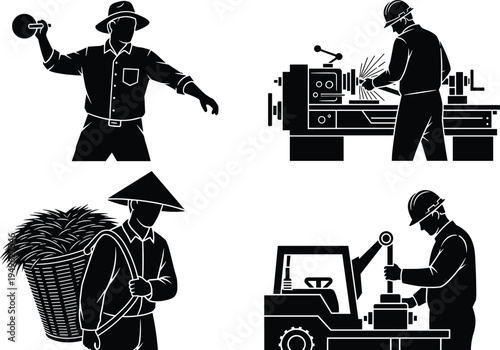 Workers silhouettes collection farmer machinist factory operator and laborer occupations vector set isolated industrial and agricultural jobs illustration