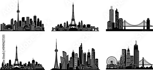 World city skyline silhouettes collection featuring famous urban landmarks bridges towers and architecture isolated vector illustration set