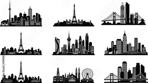 World city skyline silhouettes collection with famous landmarks bridges towers and modern urban architecture vector illustration set