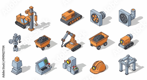 Isometric Construction and Industrial Equipment Icons Set.