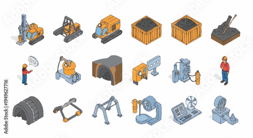 Isometric Industrial Equipment and Construction Elements Collection.