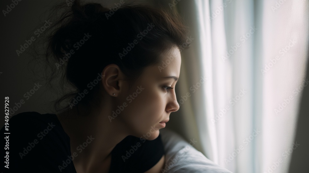 Naklejka premium Retrato de perfil de mujer joven con expresión seria o pensativa mirando a través de una ventana con luz suave, tristeza por alguien que se va