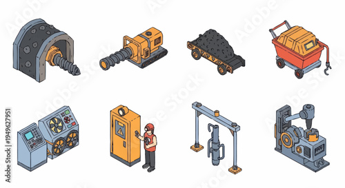 Isometric Industrial Equipment and Machinery Set.