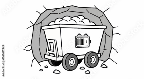 Mining cart filled with ore emerging from rock face.