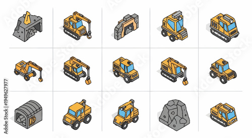 Isometric Construction and Mining Vehicle Icons Set.